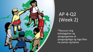 AP 4-Q2
(Week 2)
*Nasusuri ang
kahalagahan ng
pangangasiwa at
pangangalaga ng mga likas
na yaman ng bansa
 