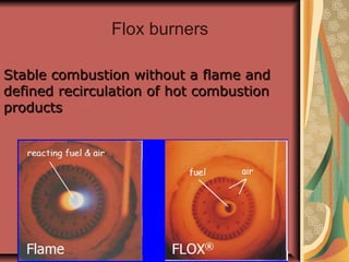 Stable combustion without a flame andStable combustion without a flame and
defined recirculation of hot combustiondefined recirculation of hot combustion
productsproducts
Flox burners
 