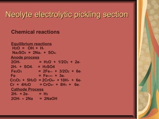 Neolyte electrolytic pickling sectionNeolyte electrolytic pickling section
Chemical reactions
Equilibrium reactions
H2O = OH- + H+
Na2SO4 = 2Na+ + SO4-
Anode process
2OH- = H2O + 1/2O2 + 2e-
2H+ + SO4- = H2SO4
Fe2O3 = 2Fe++ + 3/2O2 + 6e-
Fe = Fe+++ + 3e-
Cr2O3 + 5H2O = 2CrO4- + 10H+ + 6e-
Cr + 4H2O = CrO4- + 8H+ + 6e-
Cathode Process
2H+ + 2e- = H2
2OH- + 2Na = 2NaOH
 