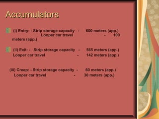 AccumulatorsAccumulators
(i) Entry: - Strip storage capacity - 600 meters (app.)
Looper car travel - 100
meters (app.)
(ii) Exit: - Strip storage capacity - 565 meters (app.)
Looper car travel - 142 meters (app.)
(iii) Creep: - Strip storage capacity - 60 meters (app.)
Looper car travel - 30 meters (app.)
 