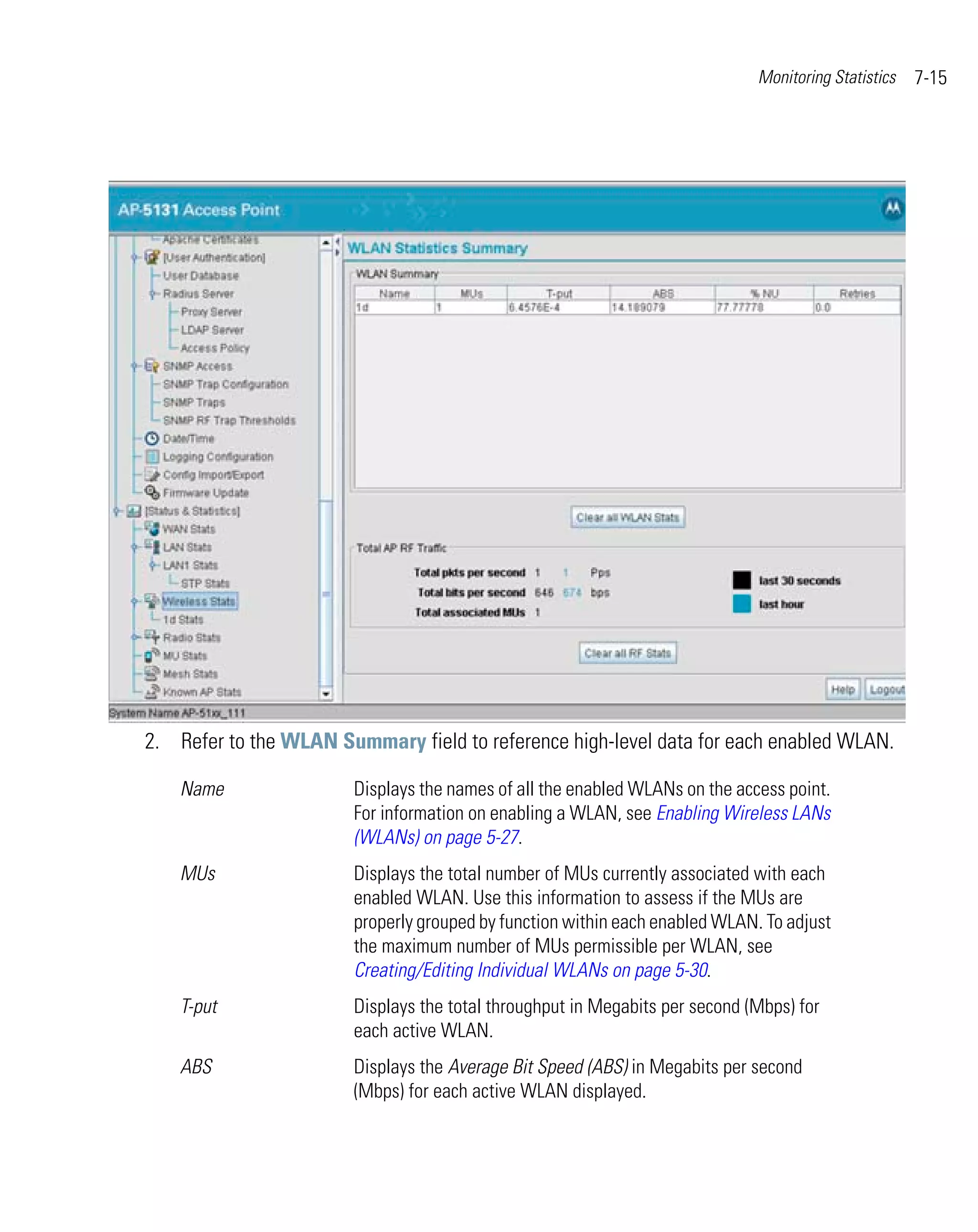 Monitoring Statistics   7-15




2. Refer to the WLAN Summary field to reference high-level data for each enabled WLAN.

    Name               Displays the names of all the enabled WLANs on the access point.
                       For information on enabling a WLAN, see Enabling Wireless LANs
                       (WLANs) on page 5-27.
    MUs                Displays the total number of MUs currently associated with each
                       enabled WLAN. Use this information to assess if the MUs are
                       properly grouped by function within each enabled WLAN. To adjust
                       the maximum number of MUs permissible per WLAN, see
                       Creating/Editing Individual WLANs on page 5-30.
    T-put              Displays the total throughput in Megabits per second (Mbps) for
                       each active WLAN.
    ABS                Displays the Average Bit Speed (ABS) in Megabits per second
                       (Mbps) for each active WLAN displayed.
 