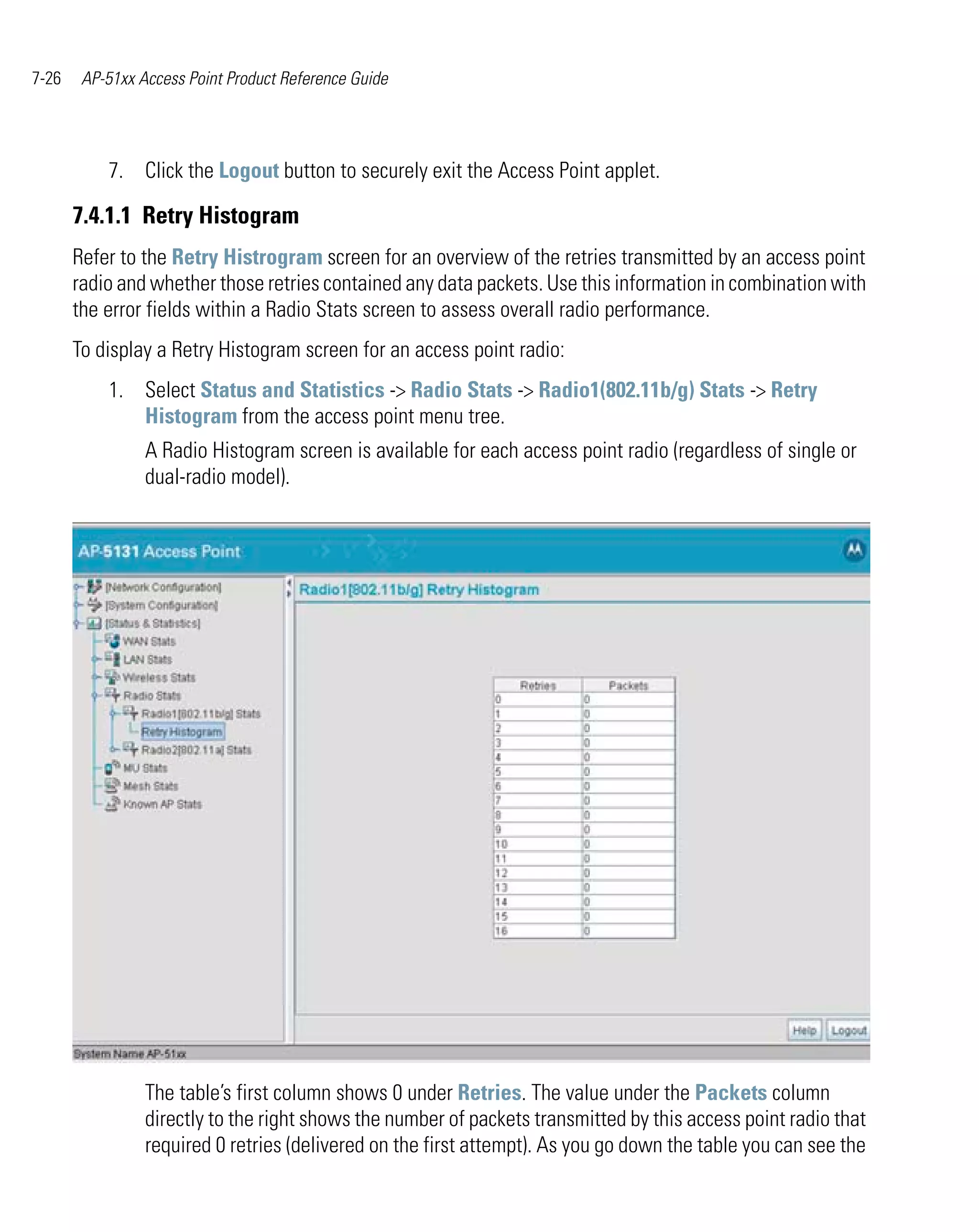 7-26    AP-51xx Access Point Product Reference Guide




           7. Click the Logout button to securely exit the Access Point applet.

       7.4.1.1 Retry Histogram
       Refer to the Retry Histrogram screen for an overview of the retries transmitted by an access point
       radio and whether those retries contained any data packets. Use this information in combination with
       the error fields within a Radio Stats screen to assess overall radio performance.
       To display a Retry Histogram screen for an access point radio:
           1. Select Status and Statistics -> Radio Stats -> Radio1(802.11b/g) Stats -> Retry
              Histogram from the access point menu tree.
                 A Radio Histogram screen is available for each access point radio (regardless of single or
                 dual-radio model).




                 The table’s first column shows 0 under Retries. The value under the Packets column
                 directly to the right shows the number of packets transmitted by this access point radio that
                 required 0 retries (delivered on the first attempt). As you go down the table you can see the
 