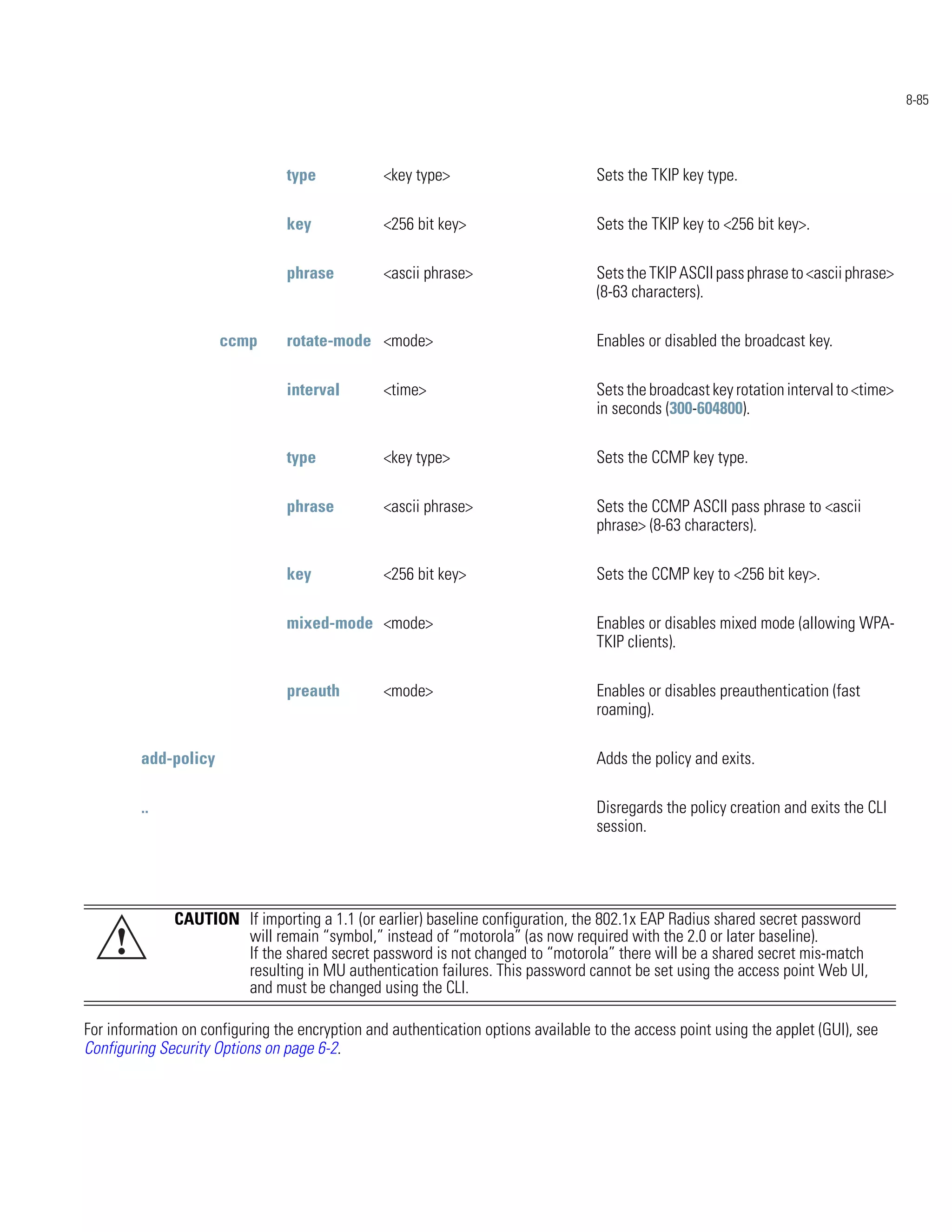 8-85




                                 type            <key type>                        Sets the TKIP key type.

                                 key             <256 bit key>                     Sets the TKIP key to <256 bit key>.

                                 phrase          <ascii phrase>                    Sets the TKIP ASCII pass phrase to <ascii phrase>
                                                                                   (8-63 characters).

                      ccmp       rotate-mode <mode>                                Enables or disabled the broadcast key.

                                 interval        <time>                            Sets the broadcast key rotation interval to <time>
                                                                                   in seconds (300-604800).

                                 type            <key type>                        Sets the CCMP key type.

                                 phrase          <ascii phrase>                    Sets the CCMP ASCII pass phrase to <ascii
                                                                                   phrase> (8-63 characters).

                                 key             <256 bit key>                     Sets the CCMP key to <256 bit key>.

                                 mixed-mode <mode>                                 Enables or disables mixed mode (allowing WPA-
                                                                                   TKIP clients).

                                 preauth         <mode>                            Enables or disables preauthentication (fast
                                                                                   roaming).

         add-policy                                                                Adds the policy and exits.

         ..                                                                        Disregards the policy creation and exits the CLI
                                                                                   session.




              CAUTION If importing a 1.1 (or earlier) baseline configuration, the 802.1x EAP Radius shared secret password
     !                will remain “symbol,” instead of “motorola” (as now required with the 2.0 or later baseline).
                      If the shared secret password is not changed to “motorola” there will be a shared secret mis-match
                      resulting in MU authentication failures. This password cannot be set using the access point Web UI,
                      and must be changed using the CLI.

For information on configuring the encryption and authentication options available to the access point using the applet (GUI), see
Configuring Security Options on page 6-2.
 