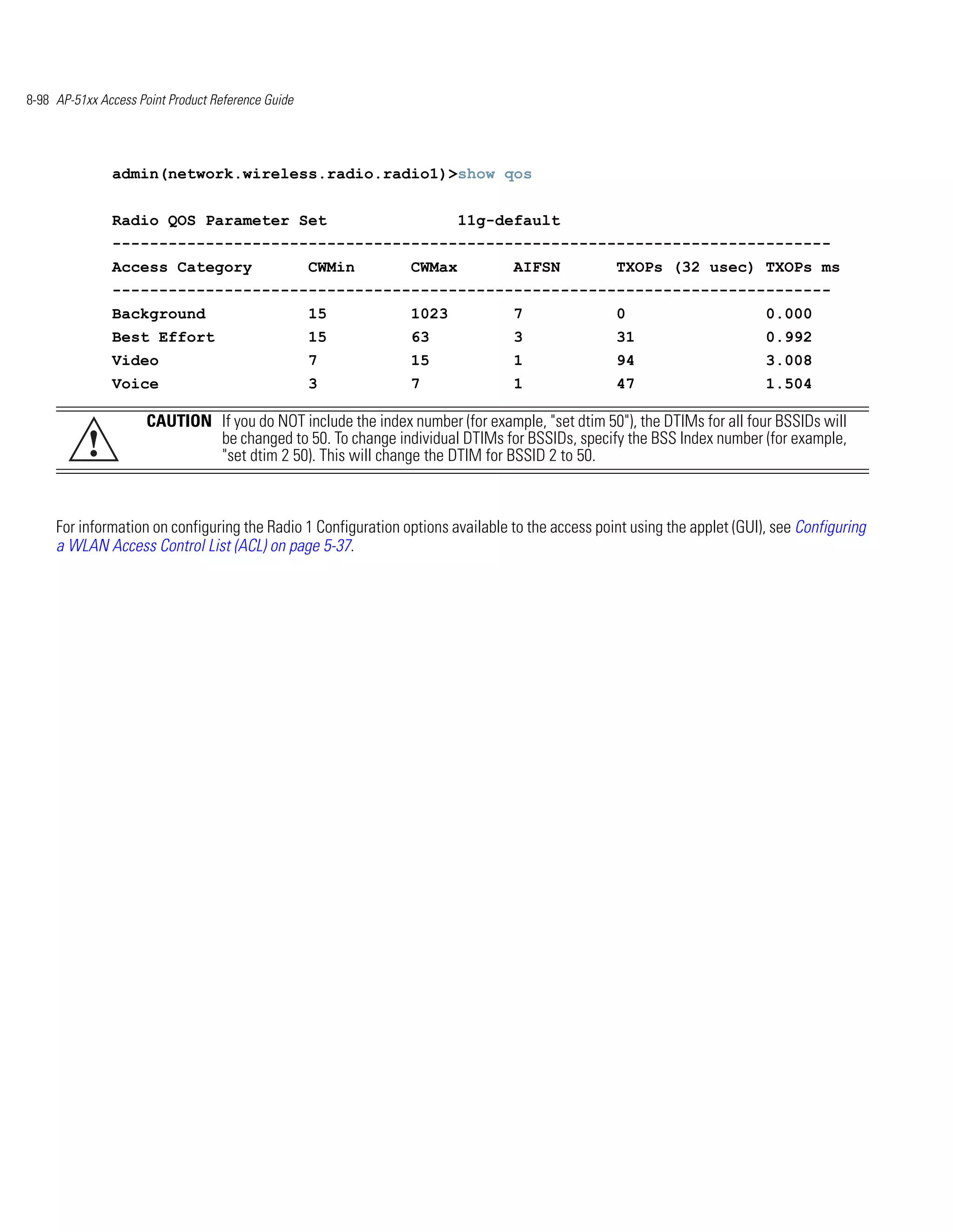 8-98 AP-51xx Access Point Product Reference Guide




               admin(network.wireless.radio.radio1)>show qos


               Radio QOS Parameter Set                                 11g-default
               -----------------------------------------------------------------------------
               Access Category                      CWMin      CWMax            AIFSN            TXOPs (32 usec) TXOPs ms
               -----------------------------------------------------------------------------
               Background                           15         1023             7                0                        0.000
               Best Effort                          15         63               3                31                       0.992
               Video                                7          15               1                94                       3.008
               Voice                                3          7                1                47                       1.504

                      CAUTION If you do NOT include the index number (for example, "set dtim 50"), the DTIMs for all four BSSIDs will
           !                  be changed to 50. To change individual DTIMs for BSSIDs, specify the BSS Index number (for example,
                              "set dtim 2 50). This will change the DTIM for BSSID 2 to 50.



     For information on configuring the Radio 1 Configuration options available to the access point using the applet (GUI), see Configuring
     a WLAN Access Control List (ACL) on page 5-37.
 