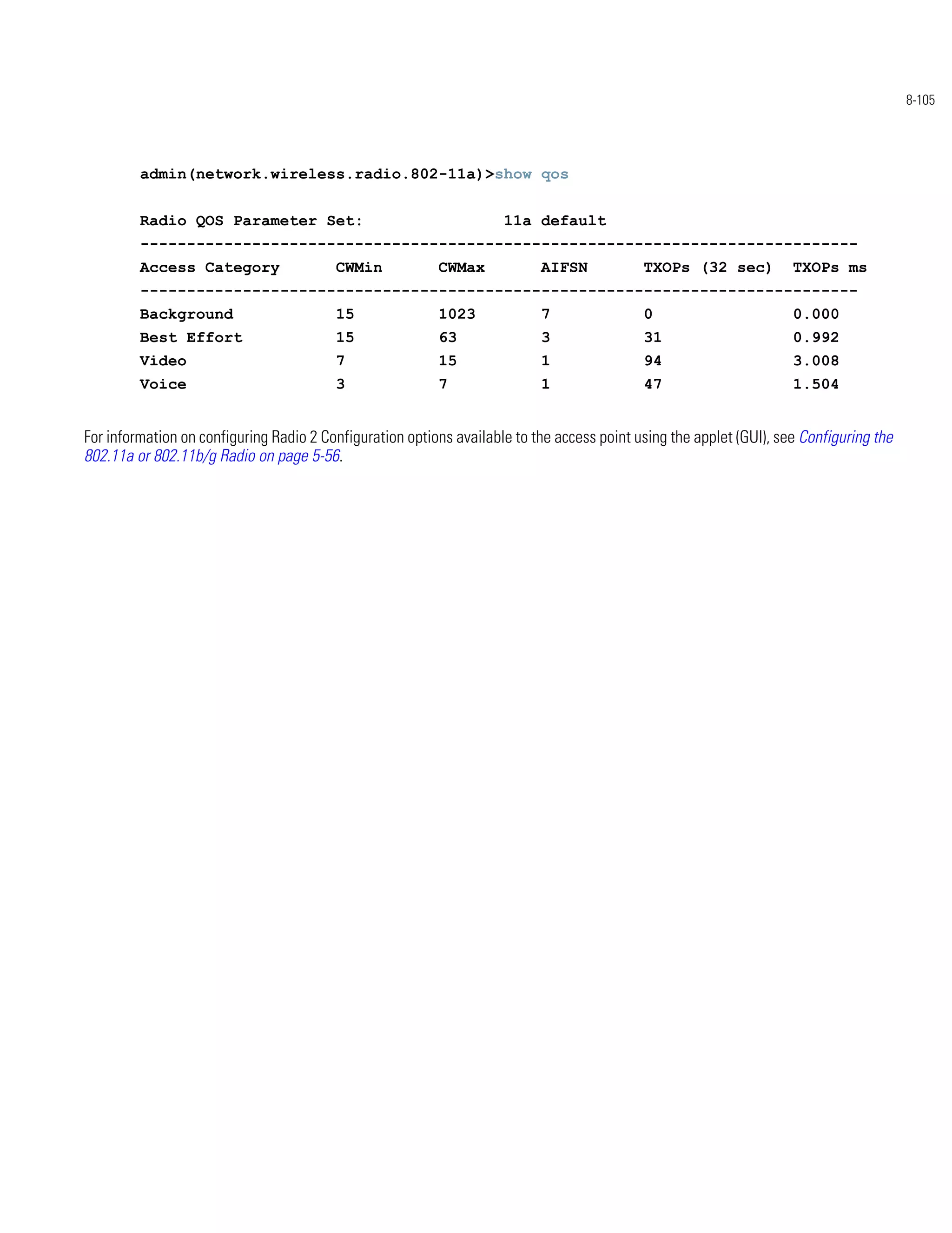 8-105




         admin(network.wireless.radio.802-11a)>show qos


         Radio QOS Parameter Set:                                    11a default
         -----------------------------------------------------------------------------
         Access Category                 CWMin            CWMax            AIFSN            TXOPs (32 sec)           TXOPs ms
         -----------------------------------------------------------------------------
         Background                      15               1023             7                0                        0.000
         Best Effort                     15               63               3                31                       0.992
         Video                           7                15               1                94                       3.008
         Voice                           3                7                1                47                       1.504


For information on configuring Radio 2 Configuration options available to the access point using the applet (GUI), see Configuring the
802.11a or 802.11b/g Radio on page 5-56.
 