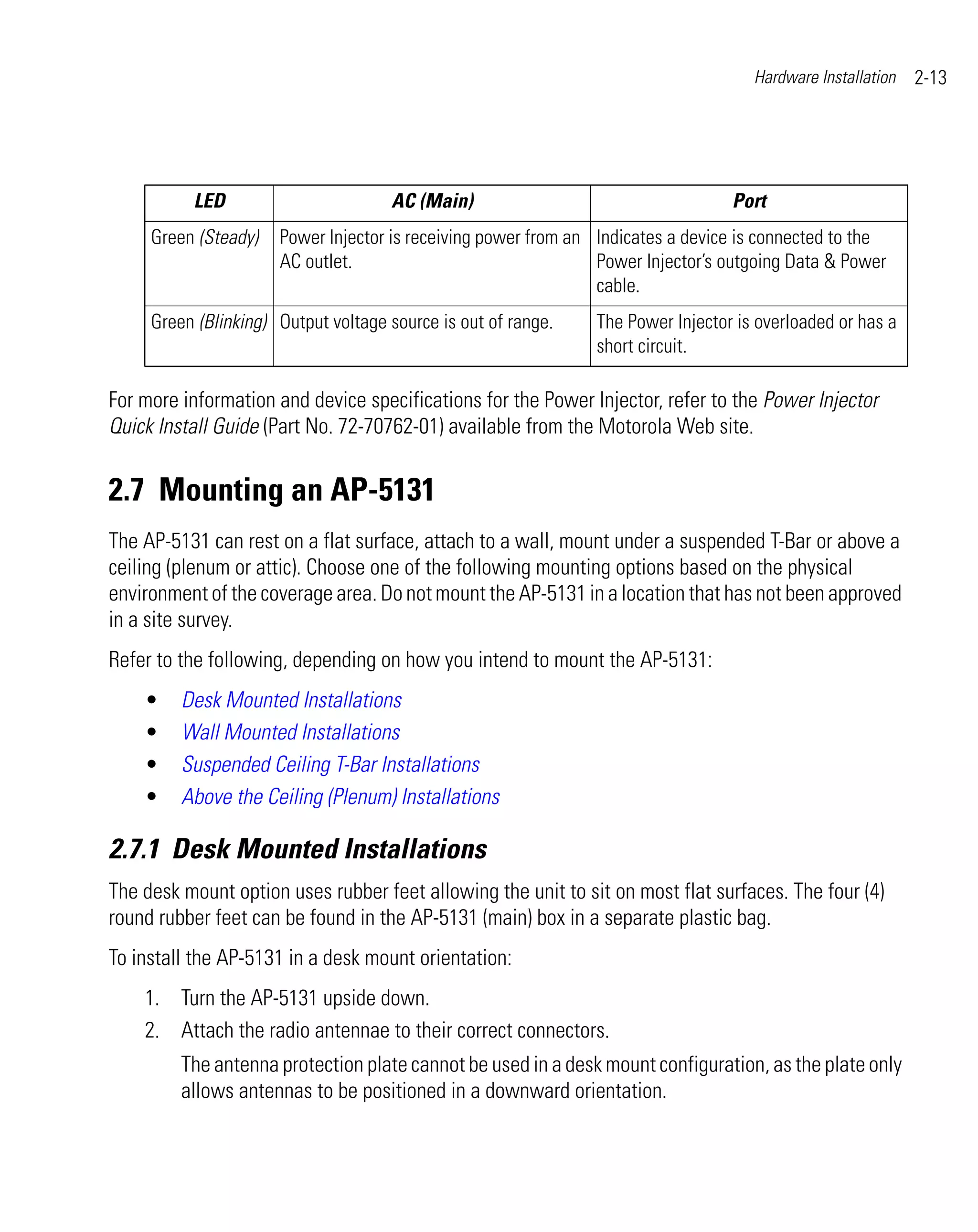 Hardware Installation   2-13




          LED                        AC (Main)                                   Port
     Green (Steady)   Power Injector is receiving power from an Indicates a device is connected to the
                      AC outlet.                                Power Injector’s outgoing Data & Power
                                                                cable.
     Green (Blinking) Output voltage source is out of range.   The Power Injector is overloaded or has a
                                                               short circuit.

For more information and device specifications for the Power Injector, refer to the Power Injector
Quick Install Guide (Part No. 72-70762-01) available from the Motorola Web site.


2.7 Mounting an AP-5131
The AP-5131 can rest on a flat surface, attach to a wall, mount under a suspended T-Bar or above a
ceiling (plenum or attic). Choose one of the following mounting options based on the physical
environment of the coverage area. Do not mount the AP-5131 in a location that has not been approved
in a site survey.
Refer to the following, depending on how you intend to mount the AP-5131:
    •    Desk Mounted Installations
    •    Wall Mounted Installations
    •    Suspended Ceiling T-Bar Installations
    •    Above the Ceiling (Plenum) Installations

2.7.1 Desk Mounted Installations
The desk mount option uses rubber feet allowing the unit to sit on most flat surfaces. The four (4)
round rubber feet can be found in the AP-5131 (main) box in a separate plastic bag.
To install the AP-5131 in a desk mount orientation:
    1. Turn the AP-5131 upside down.
    2. Attach the radio antennae to their correct connectors.
         The antenna protection plate cannot be used in a desk mount configuration, as the plate only
         allows antennas to be positioned in a downward orientation.
 