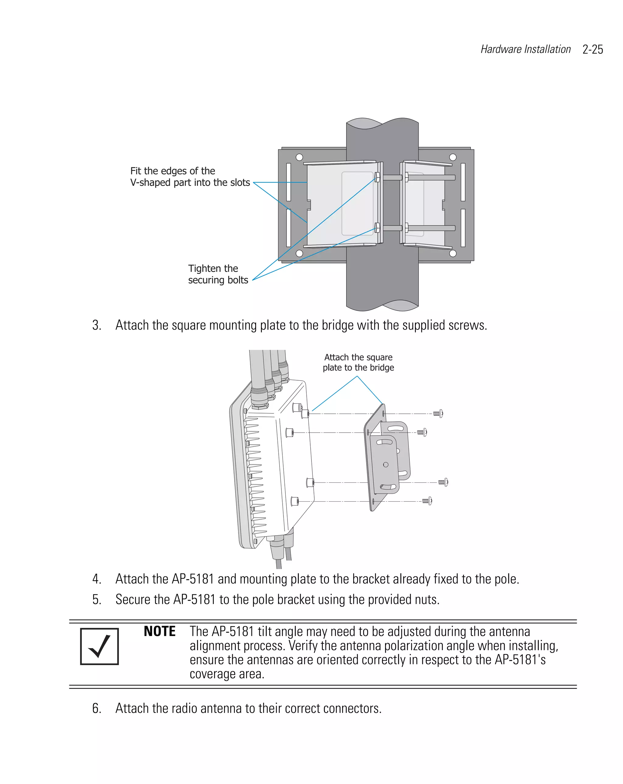 Hardware Installation   2-25




       Fit the edges of the
       V-shaped part into the slots




                    Tighten the
                    securing bolts



3. Attach the square mounting plate to the bridge with the supplied screws.

                                            Attach the square
                                            plate to the bridge




4. Attach the AP-5181 and mounting plate to the bracket already fixed to the pole.
5. Secure the AP-5181 to the pole bracket using the provided nuts.

          NOTE The AP-5181 tilt angle may need to be adjusted during the antenna
               alignment process. Verify the antenna polarization angle when installing,
               ensure the antennas are oriented correctly in respect to the AP-5181's
               coverage area.

6. Attach the radio antenna to their correct connectors.
 