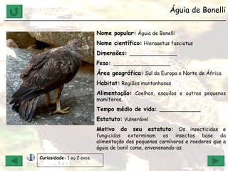 Águia de Bonelli ______________________________________________________________ Nome popular:  Águia de Bonelli  Nome científico:  Hieraaetus fasciatus Dimensões:  _______________ Peso:  __________________ Área geográfica:  Sul da Europa e Norte de África Habitat:  Regiões montanhosas Alimentação:  Coelhos, esquilos e outros pequenos mamíferos. Tempo médio de vida:  _____________ Estatuto:  Vulnerável Motivo do seu estatuto:  Os insecticidas e fungicidas exterminam os insectos base da alimentação dos pequenos carnívoros e roedores que a águia de bonil come, envenenando-as.  Curiosidade:  1 ou 2 ovos. 