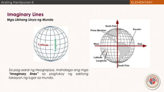 Imaginary Lines
Mga Likhang Linya ng Mundo
Sa pag-aaral ng Heograpiya, mahalaga ang mga
“imaginary lines” sa pagtukoy ng saktong
lokasyon ng lugar sa mundo.
 