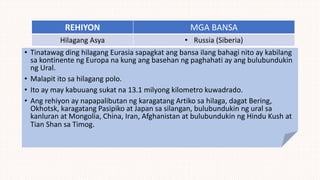 REHIYON MGA BANSA
Hilagang Asya • Russia (Siberia)
• Tinatawag ding hilagang Eurasia sapagkat ang bansa ilang bahagi nito ay kabilang
sa kontinente ng Europa na kung ang basehan ng paghahati ay ang bulubundukin
ng Ural.
• Malapit ito sa hilagang polo.
• Ito ay may kabuuang sukat na 13.1 milyong kilometro kuwadrado.
• Ang rehiyon ay napapalibutan ng karagatang Artiko sa hilaga, dagat Bering,
Okhotsk, karagatang Pasipiko at Japan sa silangan, bulubundukin ng ural sa
kanluran at Mongolia, China, Iran, Afghanistan at bulubundukin ng Hindu Kush at
Tian Shan sa Timog.
 