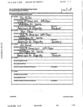 AUG. 20.2003 1.0:32AM AMERICANS' FOR'PR'OSPERiTY NO. 3166 P. 3
List of Person(s) Sharing/Exercising Control
(use additional pages as necessary) PAGE
11.Person(s) Sharing/ExercisingControl
A. (a)Name
(b) Address (number and street)
(d) Name q Employer or
(d) Name or Employer or pnntopai Placeor Business
C. (a) Name
(b) Address(number ai
FnCT
(d) Name w Employer or principal piacM* twsi
0. (a) Name
(b) Addiess (numbar and street)
(c) City. Staw and ZIP Code
(d) Namo of Employer or Printipal Place of Business (e) Occupation
E. (a)Name
(b) Address (number and street)
(c) City, State and ZIP Code
(d) Name of Employer or Principal Place of Business (e) Occupation
FE3A.N036.POF F5C FORM 9 (REV. 120007)
ftUG-20-2008 10=53 2024131930 96X. P. 03
 