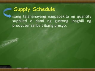 isang talahanayang nagpapakita ng quantity
supplied o dami ng gustong ipagbili ng
prodyuser sa iba't ibang presyo.
 