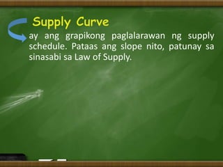 ay ang grapikong paglalarawan ng supply
schedule. Pataas ang slope nito, patunay sa
sinasabi sa Law of Supply.
 