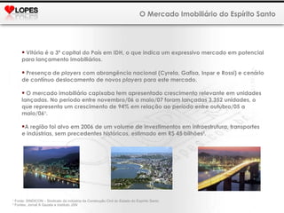 O Mercado Imobiliário do Espírito Santo Vitória é a 3ª capital do País em IDH, o que indica um expressivo mercado em potencial para lançamento imobiliários. Presença de  players  com abrangência nacional (Cyrela, Gafisa,  Inpar  e Rossi) e cenário de contínuo deslocamento de novos  players  para este mercado. O mercado imobiliário capixaba tem apresentado crescimento relevante em unidades lançadas. No período entre novembro/06 a maio/07 foram lançadas 3.352 unidades, o que representa um crescimento de 94% em relação ao período entre outubro/05 a maio/06 1 . A região foi alvo em 2006 de um volume de investimentos em infraestrutura, transportes e indústrias, sem precedentes históricos, estimado em R$ 45 bilhões 2 . 1  Fonte: SINDICON – Sindicato da indústria da Construção Civil do Estado do Espírito Santo 2  Fontes: Jornal A Gazeta e Instituto JSN 