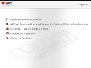 Oportunidade de Expansão ACTUAL: Empresa Líder em Intermediação Imobiliária no Espírito Santo Mercados – Espírito Santo e Vitória Estrutura da Aquisição Observações Finais Programa 