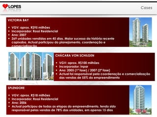 CHÁCARA VON SCHILGEN VGV: aprox. R$100 milhões Incorporador: Inpar Ano: 2005 (1ª fase) / 2007 (2ª fase) Actual foi responsável pela coordenação e comercialização das vendas de 55% do empreendimento Cases VICTORIA BAY VGV: aprox. R$95 milhões Incorporador: Rossi Residencial Ano: 2007 269 unidades vendidas em 45 dias. Maior sucesso da história recente capixaba. Actual participou do planejamento, coordenação e comercialização SPLENDORE VGV: aprox. R$18 milhões Incorporador: Rossi Residencial Ano: 2006 Actual participou de todas as etapas do empreendimento, tendo sido responsável pelas vendas de 78% das unidades, em apenas 15 dias 