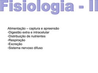Fisiologia - II Alimentação – captura e apreensão Digestão extra e intracelular Distribuição de nutrientes Respiração Excreção Sistema nervoso difuso 