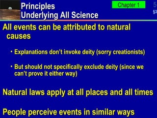 Principles Underlying All Science All events can be attributed to natural causes Explanations don’t invoke deity (sorry creationists) But should not specifically exclude deity (since we can’t prove it either way) Natural laws apply at all places and all times People perceive events in similar ways 