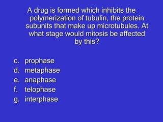 A drug is formed which inhibits the polymerization of tubulin, the protein subunits that make up microtubules. At what stage would mitosis be affected by this? prophase metaphase anaphase telophase interphase 