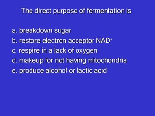 The direct purpose of fermentation is a. breakdown sugar b. restore electron acceptor NAD + c. respire in a lack of oxygen d. makeup for not having mitochondria e. produce alcohol or lactic acid 