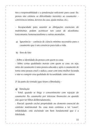 tira a responsabilidade e a ponderação suficiente para casar. Ex:
pessoa não estimou as dificuldades inerentes ao casamento –
convivência íntima, deveres da casa, ajuda mútua, etc.;


- Incapacidade para assumir as obrigações essenciais do
matrimônio: podem acontecer nos casos de alcoolismo,
toxicomania, homossexualismo e outras anomalias.


a) Ignorância – carência de ciência mínima necessária para o
     casamento que é um consórcio para toda a vida.


b) Erro de fato


- Sobre a identidade da pessoa com quem se casa;
- Sobre certas qualidades morais com quem se casa, ou seja,
antes do casamento é uma pessoa educada e após o casamento de
torna uma pessoa cruel e sádica, casar com uma mulher fecunda
e não se cumprir essa qualidade de fecundidade, entre outros.


2º da parte da vontade (que tiram a liberdade) –


a) Simulação
– Total: quando se finge o consentimento com rejeição do
casamento. Ex: casamento por interesse financeiro ou quando
não quer ter filhos deliberadamente;
- Parcial: quando exclui propriedade ou elemento essencial do
contrato matrimonial. Ex: casa mais continua a ter “casos”,
infidelidade, está excluindo um bem fundamental que é a
fidelidade.

                                                                11
 