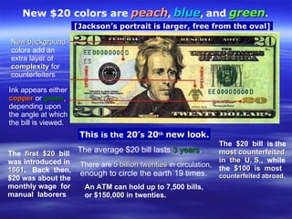 [Jackson’s portrait is larger, free from the oval] New $20 colors are   peach ,  blue ,  and   green .  This  is the   20’ s  20 th   new look . New background colors add an extra layer of  complexity  for counterfeiters Ink appears either copper  or  green , depending upon the angle at which the bill is viewed. The  first  $20   bill was introduced in 1861 .  Back  then, $20 was about the monthly wage  for manual  laborers . The average $20 bill lasts  3 years . There are  5 billion twenties  in circulation, enough to circle the earth 19 times.  An  ATM  can hold up to 7,500 bills, or  $150,000  in twenties. The  $20  bill  is the most counterfeited in  the  U. S. ,  while the  $100  is  most counterfeited abroad . 