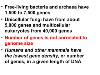 Free-living bacteria and archaea have 1,500 to 7,500 genes Unicellular fungi have from about 5,000 genes and multicellular eukaryotes from 40,000 genes Number of genes is not correlated to genome size Humans and other mammals have the lowest gene density , or number of genes, in a given length of DNA 