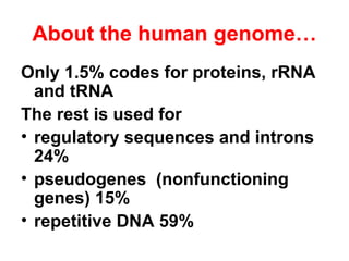 About the human genome… Only 1.5% codes for proteins, rRNA and tRNA The rest is used for  regulatory sequences and introns 24%  pseudogenes  (nonfunctioning genes) 15%  repetitive DNA 59% 