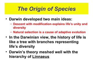 The Origin of Species Darwin developed two main ideas: Descent with modification explains life’s unity and diversity Natural selection is a cause of adaptive evolution In the Darwinian view, the history of life is like a tree with branches representing life’s diversity Darwin’s theory meshed well with the hierarchy of  Linnaeus 
