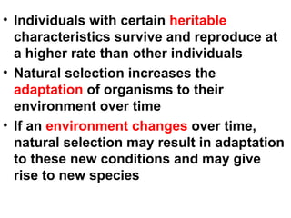 Individuals with certain  heritable  characteristics survive and reproduce at a higher rate than other individuals Natural selection increases the  adaptation  of organisms to their environment over time If an  environment changes  over time, natural selection may result in adaptation to these new conditions and may give rise to new species 