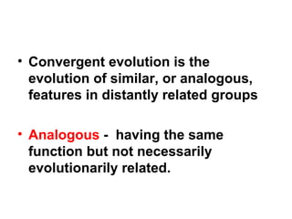 Convergent evolution is the evolution of similar, or analogous, features in distantly related groups Analogous  -  having the same function but not necessarily evolutionarily related. 