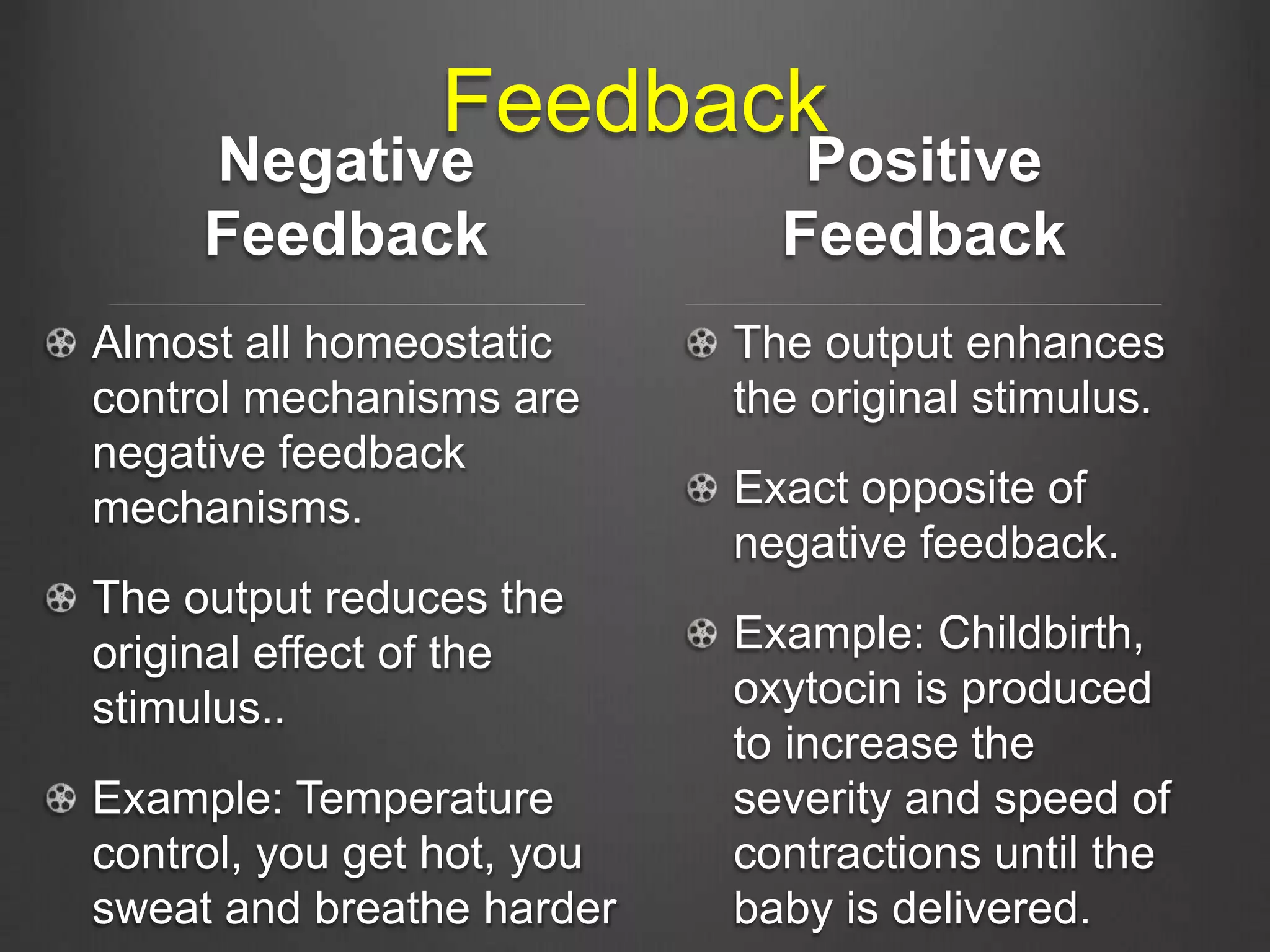 Feedback
Negative
Feedback
Almost all homeostatic
control mechanisms are
negative feedback
mechanisms.
The output reduces the
original effect of the
stimulus..
Example: Temperature
control, you get hot, you
sweat and breathe harder
Positive
Feedback
The output enhances
the original stimulus.
Exact opposite of
negative feedback.
Example: Childbirth,
oxytocin is produced
to increase the
severity and speed of
contractions until the
baby is delivered.
 
