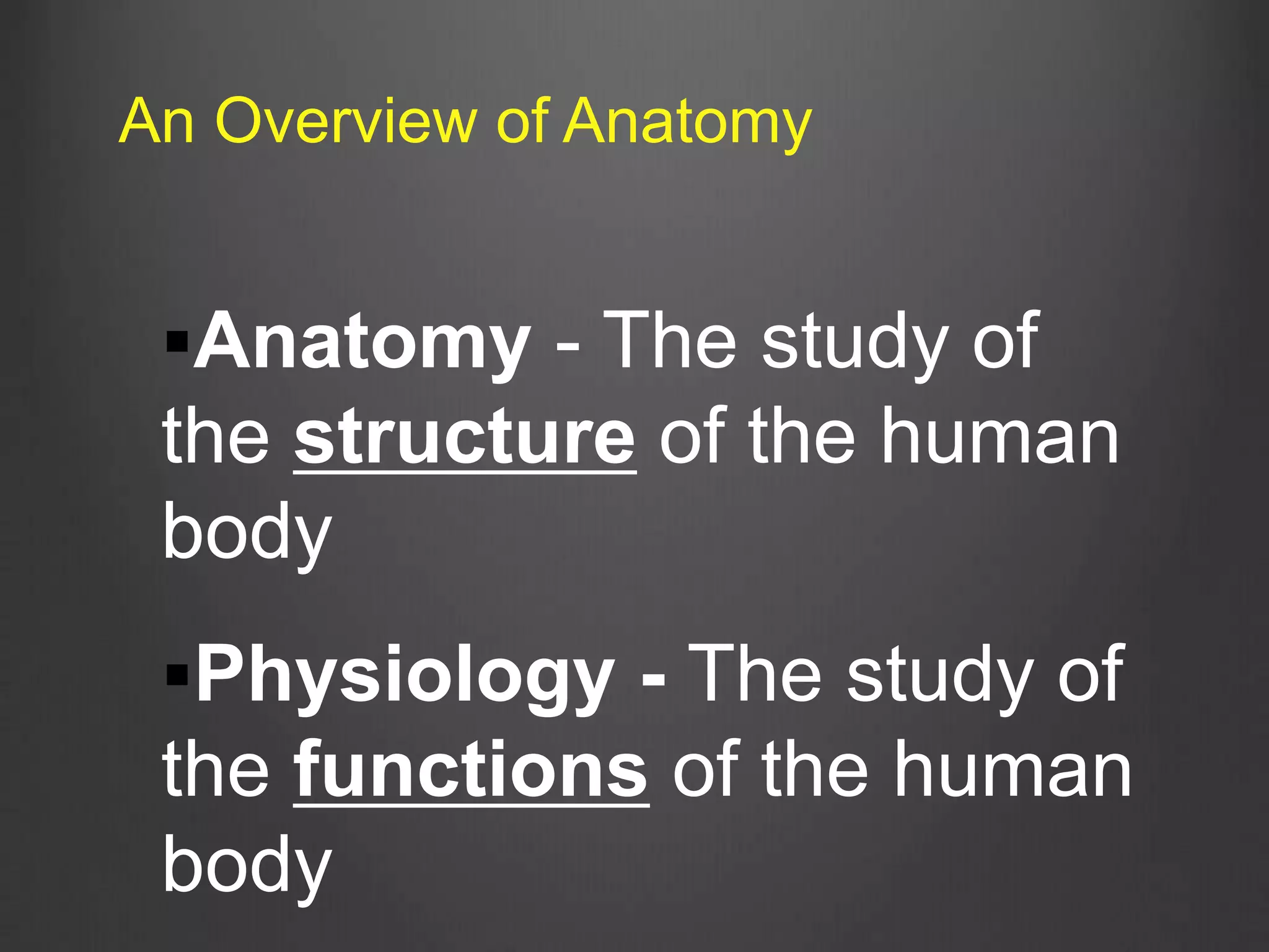 Anatomy - The study of
the structure of the human
body
Physiology - The study of
the functions of the human
body
An Overview of Anatomy
 