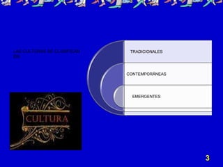 LAS CULTURAS SE CLASIFICAN    TRADICIONALES
EN:



                             CONTEMPORÁNEAS




                               EMERGENTES




                                              3
 