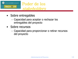 Administración de Proyectos 128
• Sobre entregables
– Capacidad para aceptar o rechazar los
entregables del proyecto
• Sobre recursos
– Capacidad para proporcionar o retirar recursos
del proyecto
Poder de los
stakeholders
 