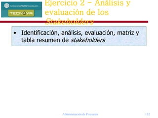 Administración de Proyectos 132
• Identificación, análisis, evaluación, matriz y
tabla resumen de stakeholders
Ejercicio 2 - Análisis y
evaluación de los
Stakeholders
 