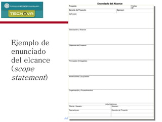 Administración de Proyectos 138
Proyecto: Fecha:
N°:
Gerente de Proyecto: Sponsor:
Definición:
Descripción y Alcance:
Objetivos del Proyecto:
Principales Entregables:
Restricciones y Supuestos:
Organización y Procedimientos:
Autorizaciones
Cliente / Usuario: Sponsor:
Operaciones: Gerente de Proyecto:
Ejemplo de
enunciado
del elcance
(scope
statement)
Enunciado del Alcance
 