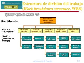 Administración de Proyectos 155
Nivel 2 –
(Entregables)
Desarrollo
del Plan
Completar
PMBasics™ CD
Preparación
para el Examen
Tomar Examen
PMP®
Completar
Curso PM
Nivel 1 (Proyecto)
Nivel 3 –
(Paquetes de
Trabajo)
Desarrollar
Cronograma
Negociar
Fondos
Completar
Capacitación
en CD
Ordenar CD
Registrarse
para Curso
Asistir al
Curso
Pasar Examen
Simulacro
Último
Repaso
Llenar y
Enviar
Documentos
Completar
IQ CD
Tomar el
Examen
Viajar al Sitio
del Examen
CELEBRAR
Proyecto de
Certificación
como PMP®
Estructura de división del trabajo
(Work breakdown structure, WBS)
 