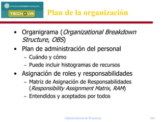 Administración de Proyectos 164
• Organigrama (Organizational Breakdown
Structure, OBS)
• Plan de administración del personal
– Cuándo y cómo
– Puede incluir histogramas de recursos
• Asignación de roles y responsabilidades
– Matriz de Asignación de Responsabilidades
(Responsibility Assignment Matrix, RAM)
– Entendidos y aceptados por todos
Plan de la organización
 