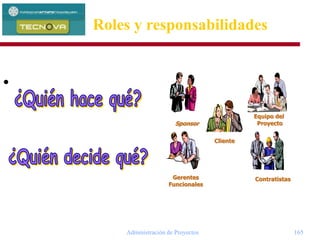 Administración de Proyectos 165
•
Cliente
Sponsor
Equipo del
Proyecto
Gerentes
Funcionales
Contratistas
Roles y responsabilidades
 