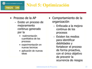 Administración de Proyectos 23
• Proceso de la AP
– Existe un proceso de
mejoramiento
continuo generado
por la
• realimentación
cuantitativa de los
procesos
• experimentación en
nuevas tecnicas
• aplicación de nuevas
ideas
Nivel 5: Optimización
• Comportamiento de la
organización
– Enfocada a la mejora
continua de los
procesos
– Existen los medios
para identificar
debilidades y
fortalecer el proceso
de forma proactiva,
con el único objetivo
de prevenir la
ocurrencia de riesgos
 