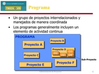 Administración de Proyectos 42
• Un grupo de proyectos interrelacionados y
manejados de manera coordinada
• Los programas generalmente incluyen un
elemento de actividad continua
PROGRAMA
Proyecto A
Proyecto C
Proyecto E
Proyecto F
Proyecto D
Proyecto B
D1
D2
D3
D4
Sub-Proyecto
Programa
 