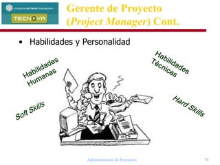Administración de Proyectos 76
• Habilidades y Personalidad
Gerente de Proyecto
(Project Manager) Cont.
 