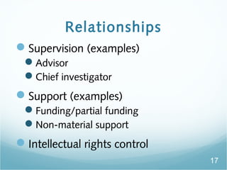 Relationships
?Supervision (examples)
?Advisor
?Chief investigator
?Support (examples)
?Funding/partial funding
?Non-material support
?Intellectual rights control
17
 