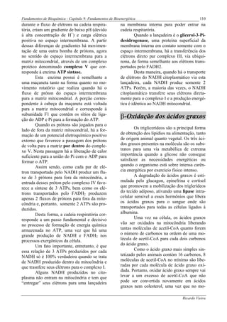 Fundamentos de Bioquímica - Capítulo 9: Fundamentos de Bioenergética                                   110
durante o fluxo de elétrons na cadeia respira-             na membrana interna para poder entrar na
tória, criam um gradiente de baixo pH (devido              cadeia respitarória.
à alta concentração de H+) e carga elétrica                         Quando a lançadeira é o glicerol-3-Pi-
positiva no espaço intermembrana. A partir                 desidrogenase, uma proteína superficial da
dessas diferenças de gradientes há movimen-                membrana interna em contato somente com o
tação de uma outra bomba de prótons, agora                 espaço intermembrana, há a transferência dos
no sentido do espaço intermembrana para a                  elétrons direto par complexo III, via ubiqui-
matriz mitocondrial, através de um complexo                nona, de forma semelhante aos elétrons trans-
protéico denominado complexo V que cor-                    portados pelo FADH2.
responde à enzima ATP sintase.                                      Desta maneira, quando há o transporte
        Esta enzima possui é semelhante a                  de elétrons do NADH citoplasmático via esta
uma maçaneta tanto na forma quanto no mo-                  lançadeira, cada NADH produz somente 2
vimento rotatório que realiza quando há o                  ATPs. Porém, a maioria das vezes, o NADH
fluxo de próton do espaço intermembrana                    citoplasmático transfere seus elétrons direta-
para a matriz mitocondrial. A porção corres-               mente para o complexo I e a produção energé-
pondente à cabeça da maçaneta está voltada                 tica é idêntica ao NADH mitocondrial.
para a matriz mitocondrial e corresponde à
subunidade F1 que contém os sítios de liga-
ção do ADP e Pi para a formação do ATP.
                                                           β-Oxidação dos ácidos graxos
        Quando os prótons são jogados para o
lado de fora da matriz mitocondrial, há a for-                     Os triglicerídeos são a principal forma
mação de um potencial eletroquímico positivo               de obtenção dos lipídios na alimentação, tanto
externo que favorece a passagem dos prótons                de origem animal quanto vegetal. Os três áci-
de volta para a matriz por dentro do comple-               dos graxos presentes na molécula são os subs-
xo V. Nesta passagem há a liberação de calor               tratos para uma via metabólica de extrema
suficiente para a união do Pi com o ADP para               importância quando a glicose não consegue
formar o ATP.                                              satisfazer as necessidades energéticas ou
        Assim sendo, como cada par de elé-                 quando o organismo está sobre intensa carên-
tron transportado pelo NADH produz um flu-                 cia energética por exercício físico intenso.
xo de 3 prótons para fora da mitocôndria, a                        A degradação de ácidos graxos é esti-
entrada desses próton pelo complexo IV favo-               mulada pelo glucagon, epinefrina e cortisol
rece a síntese de 3 ATPs, bem como os elé-                 que promovem a mobilização dos triglerídeos
trons transportados pelo FADH2 produzem                    do tecido adiposo, ativando uma lipase intra-
apenas 2 fluxos de prótons para fora da mito-              celular sensível a esses hormônios que libera
côndria e, portanto, somente 2 ATPs são pro-               os ácidos graxos para o sangue onde são
duzidos.                                                   transportados para todas as células ligados à
        Desta forma, a cadeia respiratória cor-            albumina.
responde a um passo fundamental e decisivo                         Uma vez na célula, os ácidos graxos
no processo de formação de energia química                 vão ser oxidados na mitocôndria liberando
armazenada no ATP, uma vez que há uma                      tantas moléculas de acetil-CoA quanto forem
grande produção de NADH e FADH2 nos                        o número de carbonos na ordem de uma mo-
processos exergônicos da célula.                           lécula de acetil-CoA para cada dois carbonos
        Um fato importante, entretanto, é que              do ácido graxo.
essa relação de 3 ATPs produzidos por cada                         Como o ácido graxo mais simples sin-
NADH só é 100% verdadeira quando se trata                  tetizado pelos animais contém 16 carbonos, 8
de NADH produzido dentro da mitocôndria e                  moléculas de acetil-CoA no mínimo são libe-
que trasnfere seus elétrons para o complexo I.             radas por cada molécula de ácido graxo oxi-
        Alguns NADH produzidos no cito-                    dada. Portanto, oxidar ácido graxo sempre vai
plasma não entram na mitocôndria e tem que                 levar a um excesso de acetil-CoA que não
“entregar” seus elétrons para uma lançadeira               pode ser convertida novamente em ácidos
                                                           graxos nem colesterol, uma vez que no mo-

                                                                                             Ricardo Vieira
 