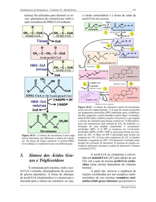 Fundamentos de Bioquímica – Capítulo 10 - Metabolismo                                                              135

     tastina) são utilizados para diminuir os ní-              o citrato mitocondrial é a forma de saída da
     veis plasmáticos de colesterol por inibir a               acetil-CoA em excesso.
     ação enzimática da HMG-CoA-redutase




                                                           Figura 10-22 - A síntese do colesterol a partir do mevalonato
                                                           ocorre em oito etapas distintas. 1) A ação de cinases acrescenta
                                                           um grupamento pirofosfato (PPi) importante para a solubiliza-
                                                           ção dos compostos a serem formados a partir daqui. A entrada e
                                                           saída de PPi indica, também, reações irreversíveis o que impede
                                                           o retorno do colesterol para formar acetil-CoA; 2) Descarboxi-
                                                           lases são responsáveis pela retirada de CO2 da molécula e a
                                                           formação de uma unidade isoprenóide, o sio-pentenil-
                                                           pirofosfato (IPP); 3) O IPP se isomeriza em 3,3-di-metil-
                                                           pirofosfato (DPP); 4) IPP e DPP se unem para formar um com-
 Figura 10-21 - A síntese do mevalonato é uma etapa        posto de 10C; 5) Mais um IPP é adicionado para formar um
 inicial importante que diferencia a síntese de coleste-   composto de 15C. 6) Esses dois compostos de 15C se fundem
 rol da síntese de corpos cetônicos. A enzima HMG-         formando o esqualeno de 30C; 7) O lanosterol é formado como
 CoA redutase é a responsável por essa diferenciação.      produto da ciclização do lanosterol; 8) dezenas de reações en-
                                                           zimáticas adicionais encurtam a cadeia de lanosterol e formam
                                                           o colesterol (27C).


3.       Síntese dos Ácidos Gra-                                       A acetil-CoA no citoplasma é conver-
                                                               tida em malonil-CoA (3C) pela adição de um
         xos e Triglicerídeos                                  CO2 sob a ação da enzima acetil-CoA carbo-
                                                               xilase (uma enzima dependente da vitamina
        É estimulada pela insulina, onde a ace-                biotina).
til-CoA é oriunda, principalmente do excesso                           A partir daí, inicia-se a seqüência de
de glicose plasmático. A forma de obtenção                     reações coordenadas por um complexo multi-
da acetil-CoA citoplasmática é a mesma que a                   enzimático de seis enzimas (complexo enzi-
discutida para a síntese de colesterol, ou seja,               mático ácido graxo sintetase) que promove a

                                                                                                        Ricardo Vieira
 
