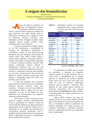 A origem das biomoléculas
                                              Ricardo Vieira
                          Professor de Bioquímica - Universidade Federal do Pará
                                          E-mail: jrvieira@ufpa.br




        A
                pesar de frágil as evidências em        Tabela 1 – Abundância relativa de elementos
                virtude do insignificante número                   importantes para a vida em número
                de planetas estudados (somente a                   de átomos por cada 1.000 átomos de
Terra!), a vida terrestre se apóia na existência de                carbono.
água disponível em estado líquido, além de              Elemento       Abundância em     Abundância no
temperatura compatível com o estágio de vida e                          organismos         universo
de elementos químicos essenciais como                   Hidrogênio        80 – 250         10.000.000
hidrogênio, carbono, nitrogênio oxigênio, sódio,        Carbono            1.000             1.000
magnésio, fósforo, enxofre, potássio, cálcio,           Nitrogênio        60 – 300           1.600
manganês, ferro e zinco (Tabela 1).                     Oxigênio         500 – 800           5.000
         O clássico experimento de Miller (Figura       Sódio             10 – 20              12
1), em 1953, demonstrou a possibilidade da              Magnésio            2- 8              200
formação de aminoácidos, carboidratos e                 Fósforo            8 – 50               3
nucleotídeos a partir de uma mistura de gás             Enxofre            4 – 20              80
hidrogênio (H2), gás nitrogênio (N2), dióxido de        Potássio           6 – 40              0,6
carbono (CO2), água (H2O), amônia (NH3) e               Cálcio            24 – 50              10
metano (CH4) submetido a descargas elétricas e          Manganês         0,25 – 0,8            1,6
radiação ultravioleta em temperatura compatível         Ferro            0,25 – 0,8           100
à provável atmosfera primitiva terrestre. Esta          Zinco             0,1 – 0,4           0,12
suposta     composição      química    mínima     é
                                                                           (Fonte: CAMPBEL, 1995 – p.13)
perfeitamente plausível uma vez que tais
componentes encontram-se disponível em todo o
                                                                O experimento de Miller não se resume
universo e, certamente, deveriam estar presentes
                                                        em demonstrar a formação de compostos
em uma Terra “recém-nascida” (há torno de 4,6
                                                        orgânicos apenas de maneira aleatória, pois, se
bilhões de idade), conforme sugerido por John
                                                        assim fosse, a probabilidade de as reações
Haldane e Aleksander Oparin em 1929 e por
                                                        químicas se repetissem de maneira ordenada
Harold C. Urey em 1953.
                                                        (como ocorre nos seres vivos) seria quase zero
         É claro que qualquer outro composto
                                                        tendo em vista as inúmeras combinações
químico presente poderia favorecer combinações
                                                        possíveis entre os átomos e moléculas. Mas,
diferentes gerando produtos ainda mais
                                                        diferente de uma reação apenas aleatória, as
complexos. O tempo de cerca de um bilhão de
                                                        moléculas primordiais têm que adquirir
anos disponível desde a origem da Terra até o
                                                        propriedades de autocatálise para poder justificar
surgimento da vida, há 3,4 bilhões de anos,
                                                        o prosseguimento das reações químicas em um
permitiram que, aleatoriamente, tais compostos
                                                        sentido: o da vida.
complexos fossem formados.
                                                                Parece difícil acreditar que algo tão
         Desta forma, é viável a teoria que se uma
                                                        simples advindo de um evento aleatório poderia
molécula orgânica formada espontaneamente
                                                        gerar a diversidade de vida de nosso planeta. De
tivesse a propriedade de catalisar a síntese de
                                                        fato, os nucleotídeos podem se polimerizar de
outras moléculas idênticas, em algum momento o
                                                        maneira espontânea em reações químicas em
agrupamento de tais moléculas poderia levar à
                                                        condições semelhantes à atmosfera primitiva,
reprodução de um conjunto de moléculas com
                                                        porém os aminoácidos não têm essa capacidade
características químicas semelhantes, onde o
                                                        nem os carboidratos.
equilíbrio químico formado entre seu processo de
síntese e degradação favoreceria a multiplicação
de tais conjuntos de moléculas.
 