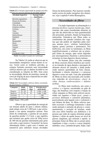 Fundamentos de Bioquímica - Capítulo 2 - Alimentos                                                      20
Tabela 2-3: Consumo aproximado de energia (em kilo-      físicas de deslocamento. Para maiores conside-
calorias) em cerca de uma hora de atividade esportiva.   rações acerca do poder energético dos alimen-
    Atividade Esportiva           Energia Gasta          tos, veja o capítulo 9 sobre Bionergética.
                                    (kcal/hora)
    Bicicleta ergométrica               250
    Passeio de bicicleta                290                      Necessidades de fibras
    Caminhada                           300
    Tênis de mesa                       300                      Um dado importante na alimentação é a
    Ginástica aeróbica                  350
                                                         presença de fibras vegetais mesmo que, classi-
    Ciclismo                            490
    Tênis                               500              camente, não sejam consideradas alimento, já
    Voleibol                            500              que não são absorvidas no trato gastrintestinal
    Halterofilismo                      500              não possuindo, portanto, função na bioquímica
    Handebol                            520              intracelular. Entende-se por fibras todos os
    Balé                                550              constituintes das paredes celulares dos vege-
    Basquetebol                         600              tais que não podem ser digeridos pelas enzi-
    Remo                                600
    Futebol                             650
                                                         mas animais (p.ex.: celulose, hemicelulose,
    Natação                             650              lignina, gomas, pectinas e pentosanos). Nos
    Judô                                800              herbívoros, tais como os ruminantes, as fibras
    Boxe                                800              (significativamente a celulose) são as princi-
    Corrida de 12 km                    900              pais fontes de energia, após serem digeridas
       Fonte: Sociedade Européia de Cardiologia.         por microrganismos (bactérias e protozoários)
                                                         existentes no trato digestivo desses animais.
        Na Tabela 2-4, pode-se observar que as                   No homem, dietas com alto conteúdo
necessidades energéticas variam dentre os se-            de fibras exercem efeitos benéficos por auxili-
xos. Assim como as mulheres grávidas, as                 ar na retenção de água durante a passagem do
crianças lactentes possuem uma necessidade               alimento através do intestino e ainda produ-
calórica maiores que os adultos levando-se em            zindo maiores quantidades de fezes macias,
consideração as relações de IMC, bem como                facilitando o trânsito intestinal e o processo
as necessidades diárias de proteínas variam de           digestivo como um todo. Uma alta quantidade
cerca de 0,8g/kg de peso corporal/dia em adul-           de fibras na dieta está associada com incidên-
tos e 2,0g em crianças.                                  cias reduzidas de diverticuloses, câncer de
                                                         cólon, doenças cardiovasculares e diabetes
Tabela 2-4: Necessidades calóricas diárias recomenda-
                                                         mellitus.
das para homens e mulheres.
                                                                 As fibras mais insolúveis, tais como a
 Categoria      Idade       Peso     Energia neces-
                (anos)      (Kg)        sária (kcal)     celulose e a lignina, encontradas no grão de
 Homens         23 - 50      70        2.300 - 3.100     trigo, são benéficas com respeito à função do
 Mulheres       23 - 50      55        1.600 - 2.400     cólon, enquanto as fibras mais solúveis encon-
 Grávidas          -          -            + 300         tradas nos legumes e frutas (p.ex.: gomas e
 Lactentes         -          -            + 500         pectinas) diminuem o colesterol plasmático,
Fonte: Harper, 1994, p.608                               possivelmente pela ligação com o colesterol e
                                                         sais biliares da dieta. As fibras solúveis tam-
        Observe que a quantidade de energia de           bém esvaziam o estômago lentamente e deste
um homem adulto de peso e alturas médias,                modo atenuam o aumento da glicose e, conse-
pode atingir cerca de 3.100 kcal, o que corres-          quentemente, a secreção de insulina, sendo
ponde a um aporte energético enorme. Para                este esse efeito benéfico aos diabéticos e às
efeito de comparação, a queima de um grama               pessoas que estão de regime alimentar porque
de gasolina produz 11,5 kcal, o que significa            diminui o efeito da queda brusca no nível de
que teríamos que gastar cerca de 269g (cerca             glicose sangüínea, que estimula o apetite. as
de 300 ml) de gasolina diariamente para gerar            principais fontes de fibras são os cereais (prin-
este calor, o que mostra a "economia" de nossa           cipalmente o trigo, a aveia e o arroz integral),
alimentação diária e quão caro é manter um               amêndoa, coco, castanha-do-pará, feijão, espi-
automóvel para substituir nossas atividades
                                                                                             Ricardo Vieira
 