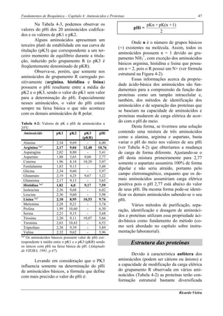 Fundamentos de Bioquímica – Capítulo 4: Aminoácidos e Proteínas                                         47

        Na Tabela 4-3, podemos observar os                                 pKn + pK(n + 1)
valores do pHi dos 20 aminoácidos codifica-                        pHi =
                                                                                  2
dos e os valores de pK1 e pK2.
        Alguns aminoácidos apresentam um
                                                                   Onde n é o número de grupos básicos
terceiro platô de estabilidade em sua curva de
                                                           (+) existentes na molécula. Assim, todos os
titulação (pK3) que correspondente a um ter-
                                                           aminoácidos possuem n = 1 devido ao gru-
ceiro momento de equilíbrio durante a titula-
                                                           pamento NH3+, com exceção dos aminoácidos
ção, induzido pelo grupamento R (o pK3 é
                                                           básicos arginina, histidina e lisina que possu-
freqüentemente denominado de pKR).
                                                           em n = 2, pois o R possui um N+ (ver fórmula
        Observa-se, porém, que somente nos
                                                           estrutural na Figura 4-2).
aminoácidos de grupamento R carregado po-
                                                                   Essas informações acerca da proprie-
sitivamente (arginina, histidina e lisina)
                                                           dade ácido-básica dos aminoácidos são fun-
possuem o pHi resultante entre a média do
                                                           damentais para a compreensão da função das
pK2 e o pK3, sendo o valor do pK1 sem valor
                                                           proteínas como um tampão intracelular e,
para a determinação do pHi. Especialmente
                                                           também, dos métodos de identificação dos
nesses aminoácidos, o valor do pHi estará
                                                           aminoácidos e de separação das proteínas que
sempre na faixa básica o que não acontece
                                                           se baseiam na capacidade de aminoácidos e
com os demais aminoácidos de R polar.
                                                           proteínas mudarem de carga elétrica de acor-
Tabela 4-2: Valores de pK e pHi de aminoácidos a
                                                           do com o pH do meio.
25oC.                                                              Desta forma, se tivermos uma solução
  Aminoácido          pK1     pK2      pK3      pHi        contendo uma mistura de três aminoácidos
                                      (pKR)                como a alanina, arginina e aspartato, basta
  Alanina             2,34     9,69       -     6,00       variar o pH do meio nos valores de seu pHi
  Arginina * ( )
                      2,17    9,04     12,48   10,76       (ver Tabela 4-2) que obteríamos a mudança
  Asparagina          2,02     8,80       -     5,41       de carga de forma diferente. Ajustando-se o
  Aspartato           1,88     3,65     9,60    2,77       pH desta mistura primeiramente para 2,77
  Cisteína            1,96     8,18    10,28    5,07       somente o aspartato assumiria 100% de forma
  Fenilalanina        1,83     9,13       -     5,48
                                                           dipolar e não seria atraído, portanto pelo
  Glicina             2,34    9,60        -     5,97
  Glutamato           2,19     4,25     9,67    3,22
                                                           campo eletromagnético, enquanto que os de-
  Glutamina           2,17     9,13       -     5,65       mais aminoácidos assumiriam carga elétrica
  Histidina (*)       1,82     6,0      9,17    7,59       positiva pois o pH 2,77 está abaixo do valor
  Isoleucina          2,36     9,68       -     6,02       de seus pHi. Da mesma forma pode-se identi-
  Leucina             2,36     9,60       -     5,98       ficar os demais aminoácidos sabendo-se o seu
  Lisina (*)          2,18    8,95     10,53    9.74       pHi.
  Metionina           2,28    9,21        -     5,74               Vários métodos de purificação, sepa-
  Prolina             1,99    10,60       -     6,30       ração, identificação e dosagem de aminoáci-
  Serina              2,21     9,15       -     5,68
                                                           dos e proteínas utilizam essa propriedade áci-
  Tirosina            2,20     9,11    10,07    5,66
  Treonina            2,63    10,43       -     6,53
                                                           do-básica como fundamento do método (co-
  Triptofano          2,38     9,39       -     5,89       mo será abordado no capítulo sobre instru-
  Valina              2,32     9,62       -     5,96       mentação laboratorial).
( )
 * Os aminoácidos básicos possuem valor de pHi cor-
respondente à média entre o pK1 e o pK3 (pKR) sendo
os únicos com pHi na faixa básica de pH. (Adaptado
                                                                  Estrutura das proteínas
de VIEIRA, 1991, p.47).
                                                                  Devido à característica anfótera dos
       Levando em consideração que o PK3                   aminoácidos (podem ser cátions ou ânions) e
influencia somente na determinação do pHi                  a capacidade de modificação da carga elétrica
de aminoácidos básicos, a fórmula que define               do grupamento R observada em vários ami-
com mais precisão o valor do pHi é:                        noácidos (Tabela 4-2) as proteínas terão con-
                                                           formação estrutural bastante diversificada

                                                                                             Ricardo Vieira
 