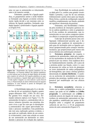 Fundamentos de Bioquímica – Capítulo 4: Aminoácidos e Proteínas                                             48

  uma vez que os aminoácidos se relacionarão                             Esta flexibilidade da molécula protéi-
  entre si de maneira variada.                                   ca dada pelo Cα, confere uma grande versati-
          Entretanto, quando há a ligação peptí-                 lidade à proteína, o que faz de sua estrutura
  dica, os grupamentos amino e ácido fundem-                     tridimensional o ponto chave para sua função.
  se formando uma ligação covalente extrema-                     Desta forma, a perda da configuração espacial
  mente rígida devido a um rearranjo entre os                    modifica completamente sua função, podendo
  elétrons da ligação peptídica, formando uma                    até significar a destruição da proteína.
  dupla ligação e polarizando a ligação peptídi-                         Entretanto, esta flexibilidade é limita-
  ca (Figura 4-6).                                               da pela existência de interações químicas en-
                                                                 tre as cadeias peptídicas e entre os grupamen-
                                                                 tos R dos resíduos de aminoácidos, seja in-
                                                                 termolecular ou com outros compostos quími-
                                                                 cos alheios à composição original da proteína.
                                                                         Cada tipo de proteína possui uma con-
                                                                 figuração tridimensional peculiar que é de-
                                                                 terminada pela seqüência de aminoácidos e
                                                                 pelo grau de inclinação entre as ligações quí-
                                                                 micas (proporcionada pelos arranjos intermo-
                                                                 leculares), que proporcionará pelo menos três
                                                                 níveis distintos de conformação estrutural:
                                                                 1)      Estrutura primária: diz respeito à
                                                                 seqüência de aminoácidos, dada pela seqüên-
                                                                 cia de nucleotídeos da molécula de DNA res-
                                                                 ponsável por sua síntese. Esta seqüência deve
                                                                 ser fundamentalmente mantida, sob o peso de
                                                                 a proteína perder sua função, como é o caso
                                                                 da presença de valina ao invés de glutamato
                                                                 no sexto aminoácido da cadeia polipeptídica
Figura 4-6 - Propriedades das ligações peptídicas em um
tetrapeptídio. A) Esquema didático das ligações peptídicas;      da hemoglobina, que causa a doença genética
as setas indicam que os elétrons da dupla ligação são atraídos   denominada de anemia falciforme. A ausên-
pelo oxigênio da carboxila. B) Ligações peptídicas em equi-      cia ou acréscimo de aminoácidos à estrutura
líbrio de ressonância; a ligação dupla agora formada entre C     primária das proteínas, também pode ser res-
e N dão rigidez à ligação e as setas indicam o ponto flexível    ponsável por modificação em sua eficácia
(Cα). C) Representação do plano tridimensional das ligações
peptídicas; as setas indicam as pontes de hidrogênio que
                                                                 funcional.
estabilizam a estrutura.
                                                                 2)     Estrutura secundária: relaciona a
          A flexibilidade dada pelo Cα é devido                  forma que a cadeia polipeptídica assume no
  ao fato de ele ser assimétrico (ligado a quatro                espaço, que pode ser de α-hélice ou β-folha
  grupos diferentes: NH3+, COO-, H e R) o que                    pregueada. A conformação em α-hélice é
  lhe garante livre rotação em seu eixo, for-                    conferida através do ângulo de torção que os
  mando isômeros ópticos (ver Figura 7-1). Os                    resíduos de aminoácidos apresentam na liga-
  aminoácidos levógiros (L-aminoácidos) são os                   ção peptídica, estabilizada por pontes de hi-
  únicos isômeros presentes nas proteínas dos                    drogênio entre o oxigênio do grupamento
  seres vivos o que faz com que os dextrógiros                   carboxila de um Cα e o H do grupamento
  (D-aminoácidos) não sejam aproveitados du-                     amino do outro aminoácido (Figura 4-7).
  rante o processo metabólico. Esta preferência
  não tem uma explicação química evidente, o
  que pode ser explicado, dentro de um contex-
  to evolucionário, como uma seleção ao acaso
  de um aminoácido em detrimento ao outro
  durante o processo de evolução das espécies.
                                                                                                   Ricardo Vieira
 